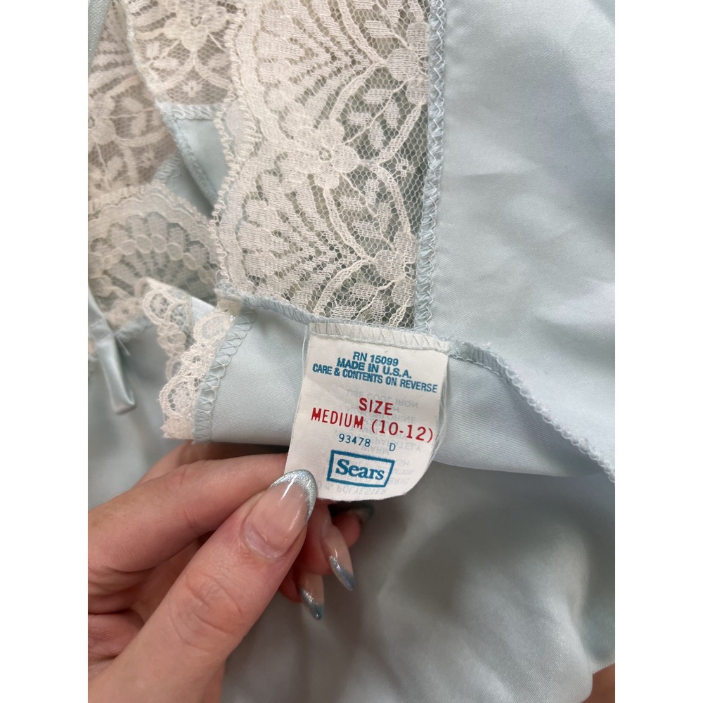 Sears Vintage Baby Blue Satin Lace Trim Romper Lingerie Womens Medium 128B - Picture 3 of 5